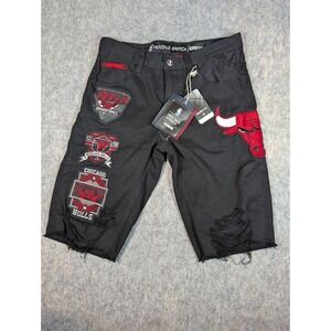 NBA UNK Mens Jeans Chicago Bulls Embroidered‎ Y2K Shorts Black W34 Patches NWT